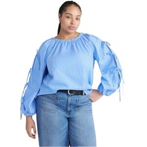 Free Assembly Gathered Neck Cotton Blue Striped Blouse Large XL XXL